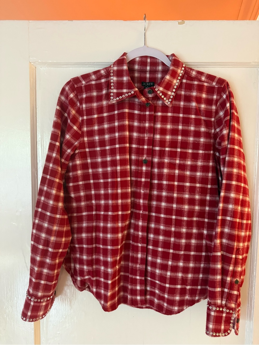 J.Crew Size 6 Rhinestone-Embellished Red Plaid Flannel Shirt